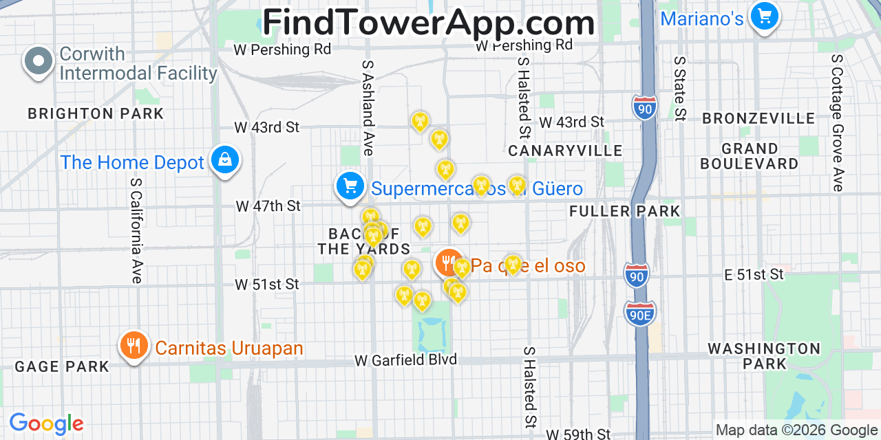 Map showing the 20 primary cell tower locations detected in New City, Illinois from AT&T, Verizon, and T-Mobile networks