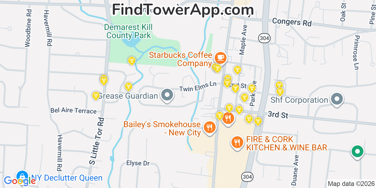 Map showing the 20 primary cell tower locations detected in New City, New York from AT&T, Verizon, and T-Mobile networks
