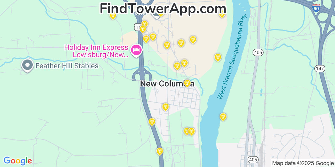 Map showing the 20 primary cell tower locations detected in New Columbia, Pennsylvania from AT&T, Verizon, and T-Mobile networks