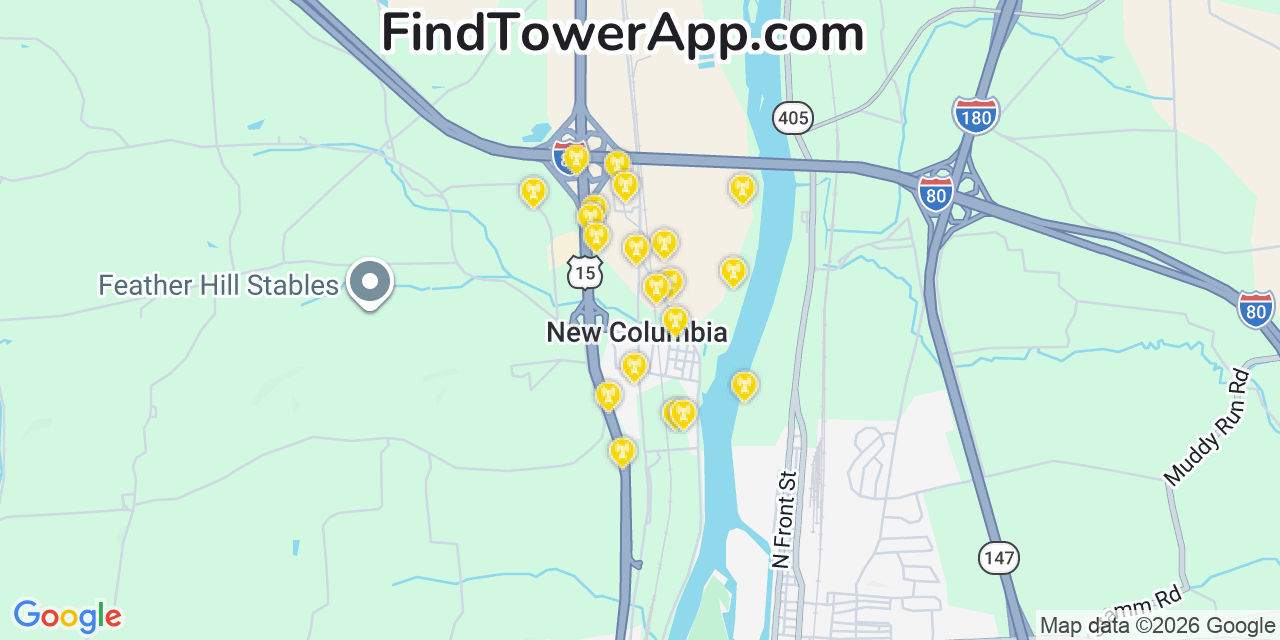 Map showing the 20 primary cell tower locations detected in New Columbia, Pennsylvania from AT&T, Verizon, and T-Mobile networks