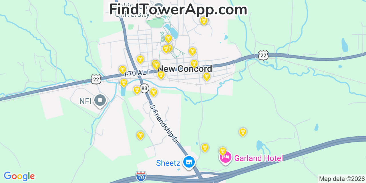 Map showing the 20 primary cell tower locations detected in New Concord, Ohio from AT&T, Verizon, and T-Mobile networks