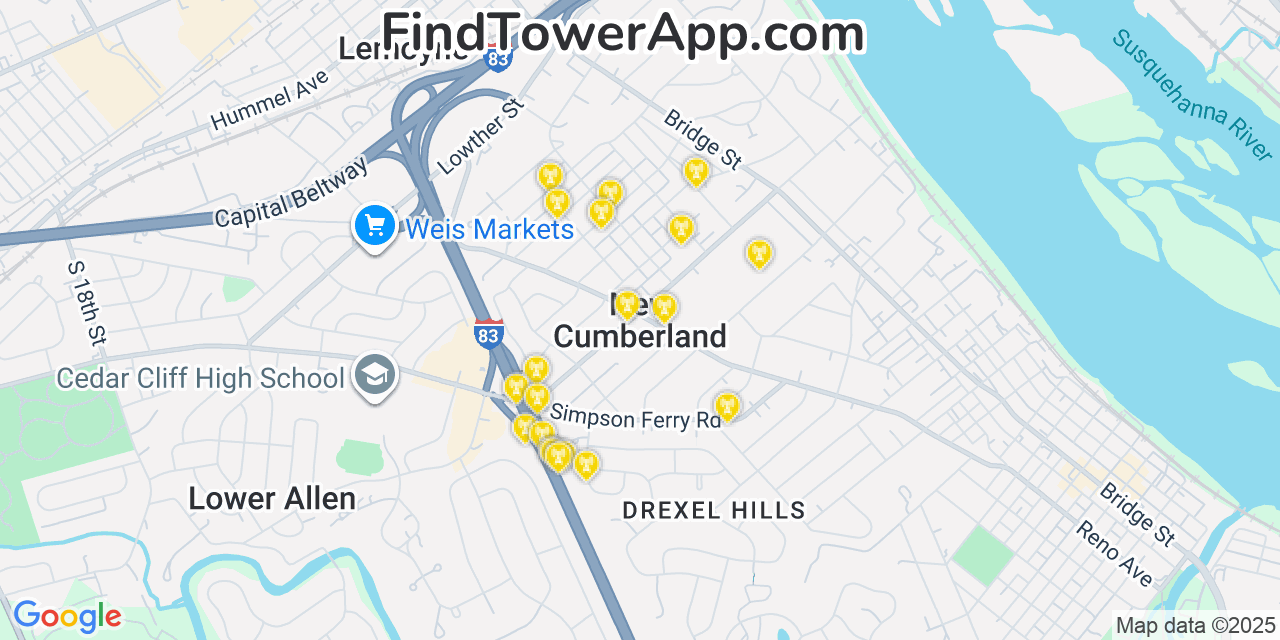 Map showing the 20 primary cell tower locations detected in New Cumberland, Pennsylvania from AT&T, Verizon, and T-Mobile networks