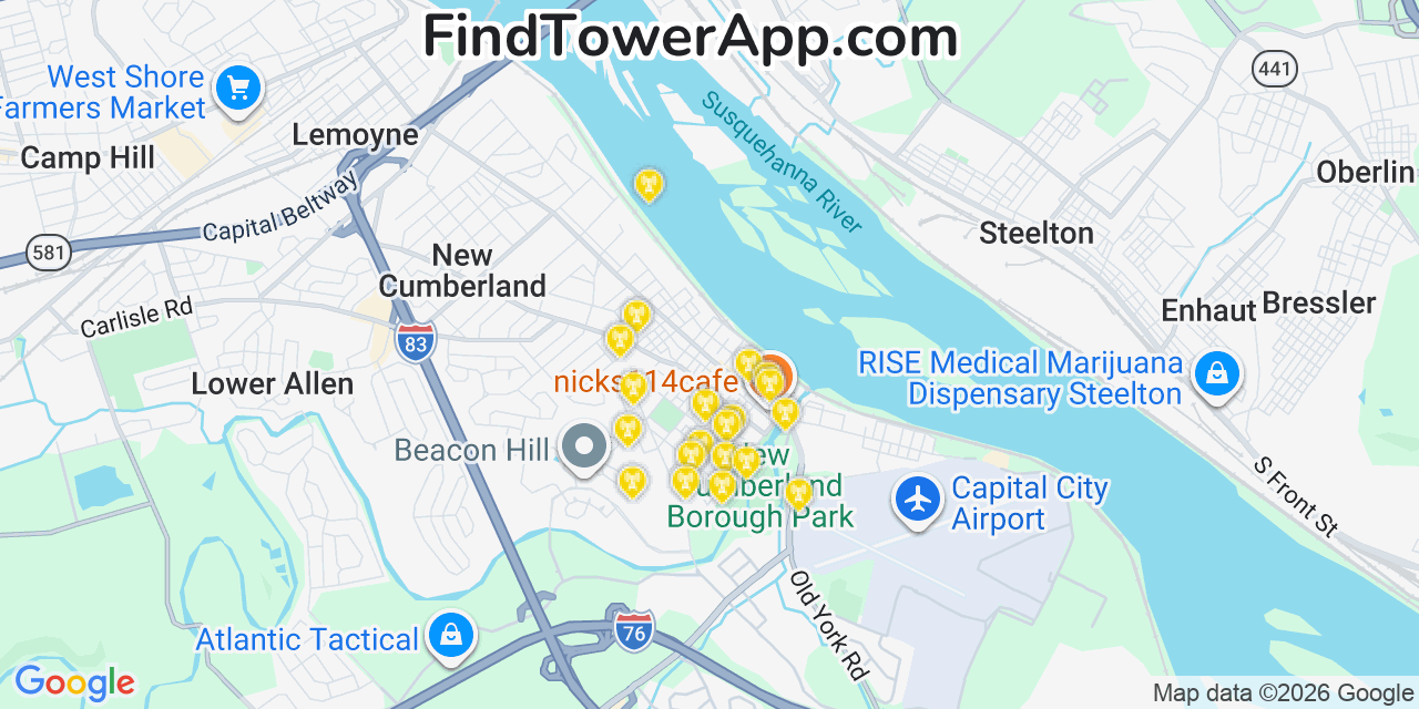 Map showing the 20 primary cell tower locations detected in New Cumberland, Pennsylvania from AT&T, Verizon, and T-Mobile networks