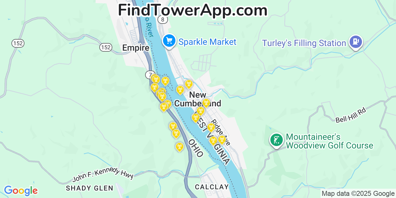 Map showing the 20 primary cell tower locations detected in New Cumberland, West Virginia from AT&T, Verizon, and T-Mobile networks