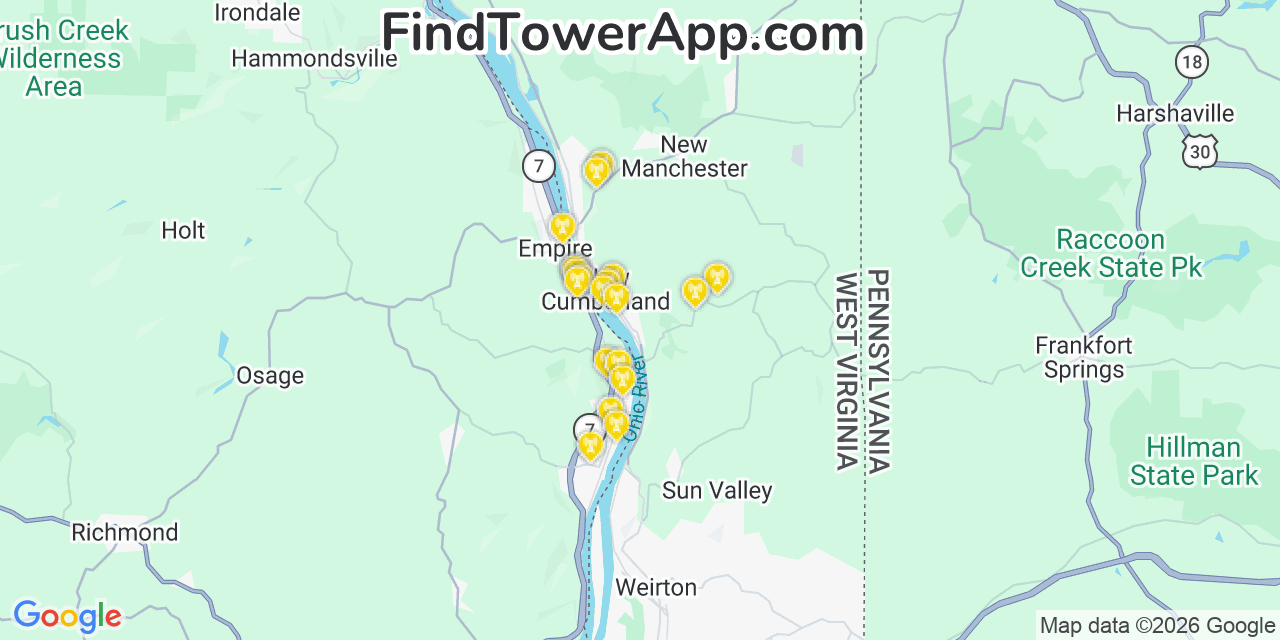 Map showing the 20 primary cell tower locations detected in New Cumberland, West Virginia from AT&T, Verizon, and T-Mobile networks