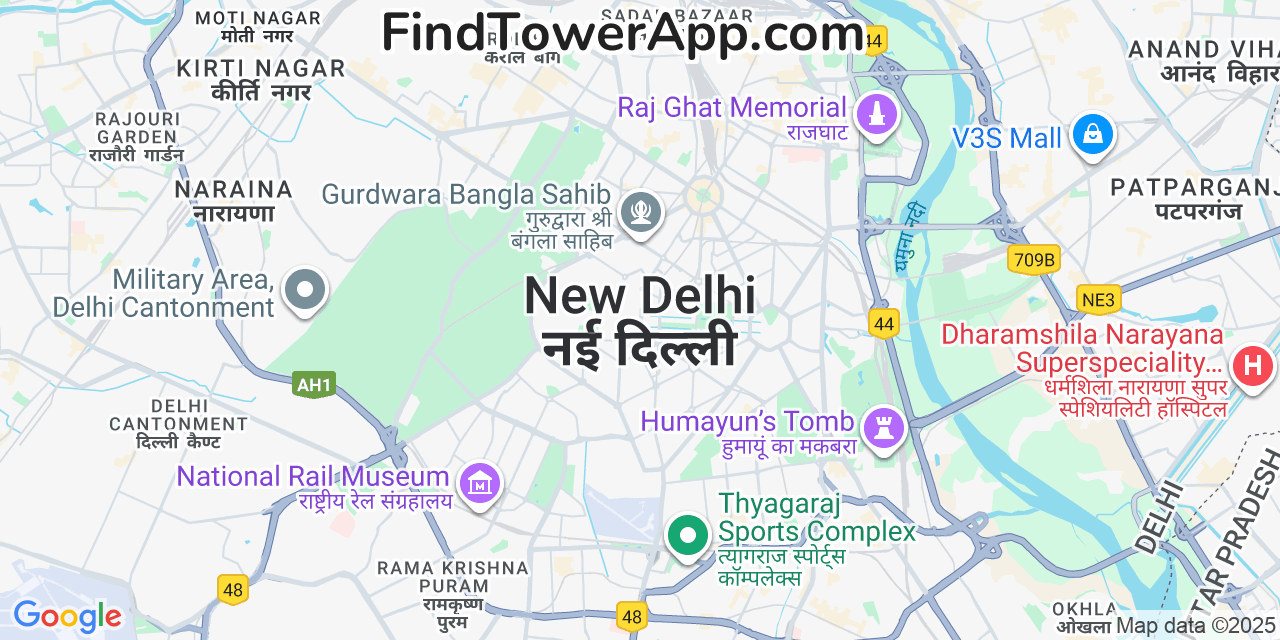 Map showing the 0 primary Delhi-&-NCR cell tower locations detected in New Delhi, India with coverage radius and signal strength indicators