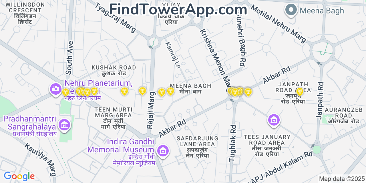 Map showing the 20 primary cell tower locations detected in New Delhi, India with coverage areas and signal strength