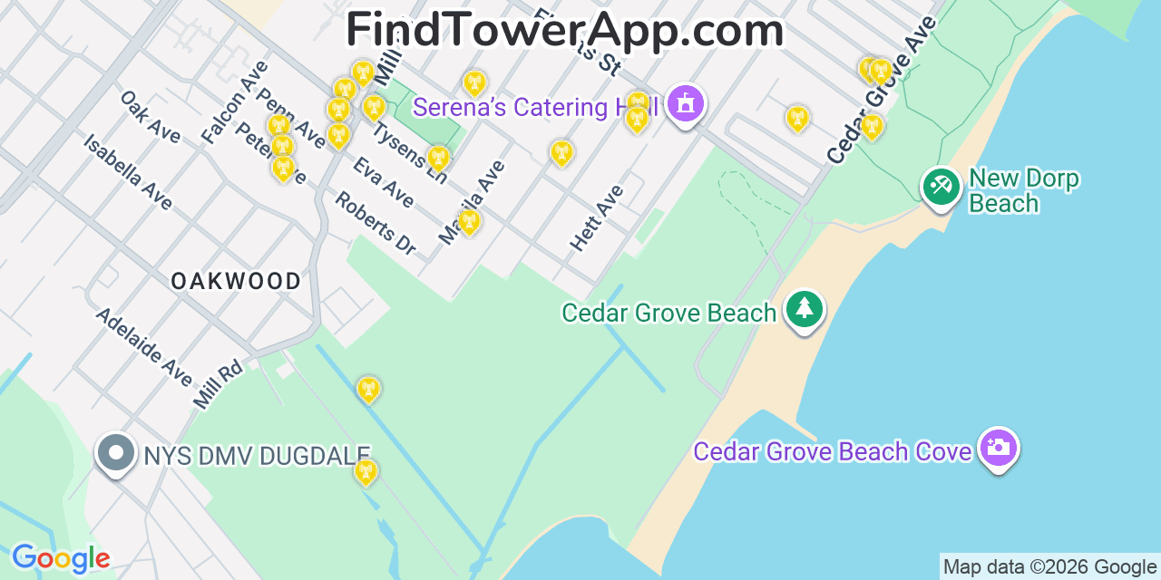 Map showing the 20 primary cell tower locations detected in New Dorp Beach, New York from AT&T, Verizon, and T-Mobile networks