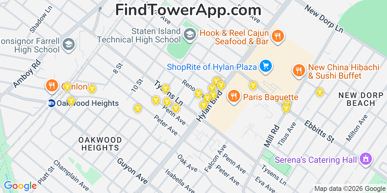 Map showing the 20 primary cell tower locations detected in New Dorp, New York from AT&T, Verizon, and T-Mobile networks