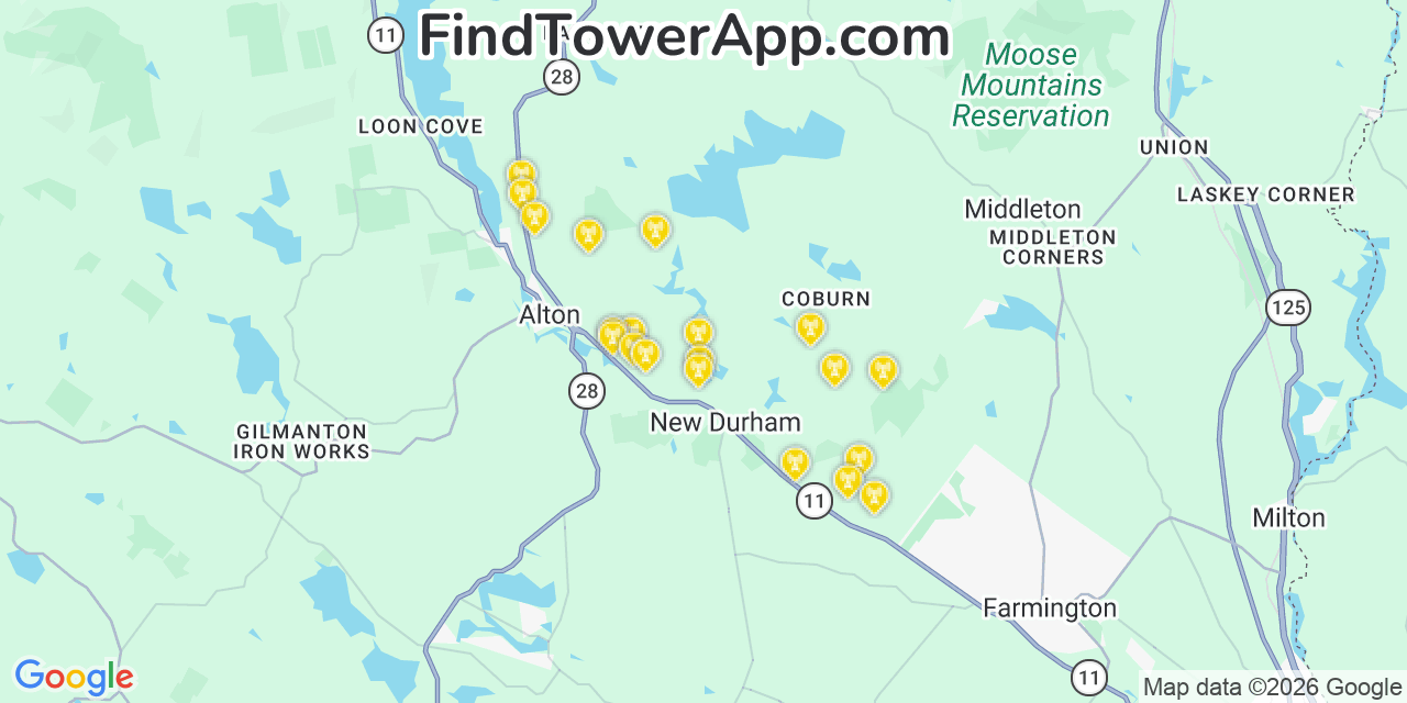 Map showing the 20 primary cell tower locations detected in New Durham, New Hampshire from AT&T, Verizon, and T-Mobile networks