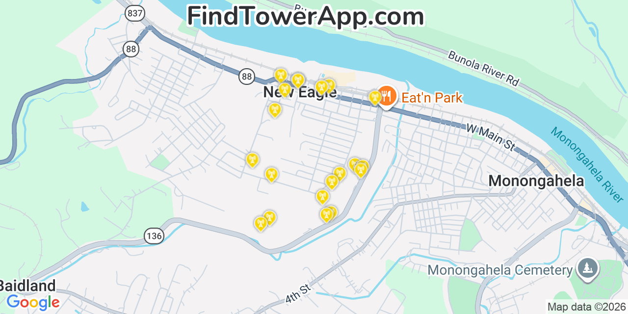 Map showing the 20 primary cell tower locations detected in New Eagle, Pennsylvania from AT&T, Verizon, and T-Mobile networks