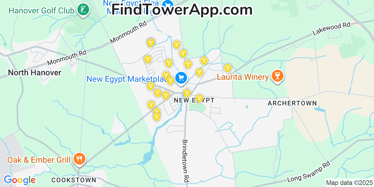 Map showing the 20 primary cell tower locations detected in New Egypt, New Jersey from AT&T, Verizon, and T-Mobile networks