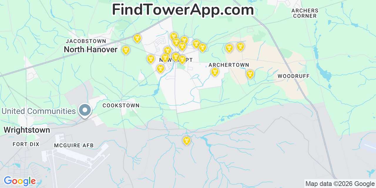 Map showing the 20 primary cell tower locations detected in New Egypt, New Jersey from AT&T, Verizon, and T-Mobile networks