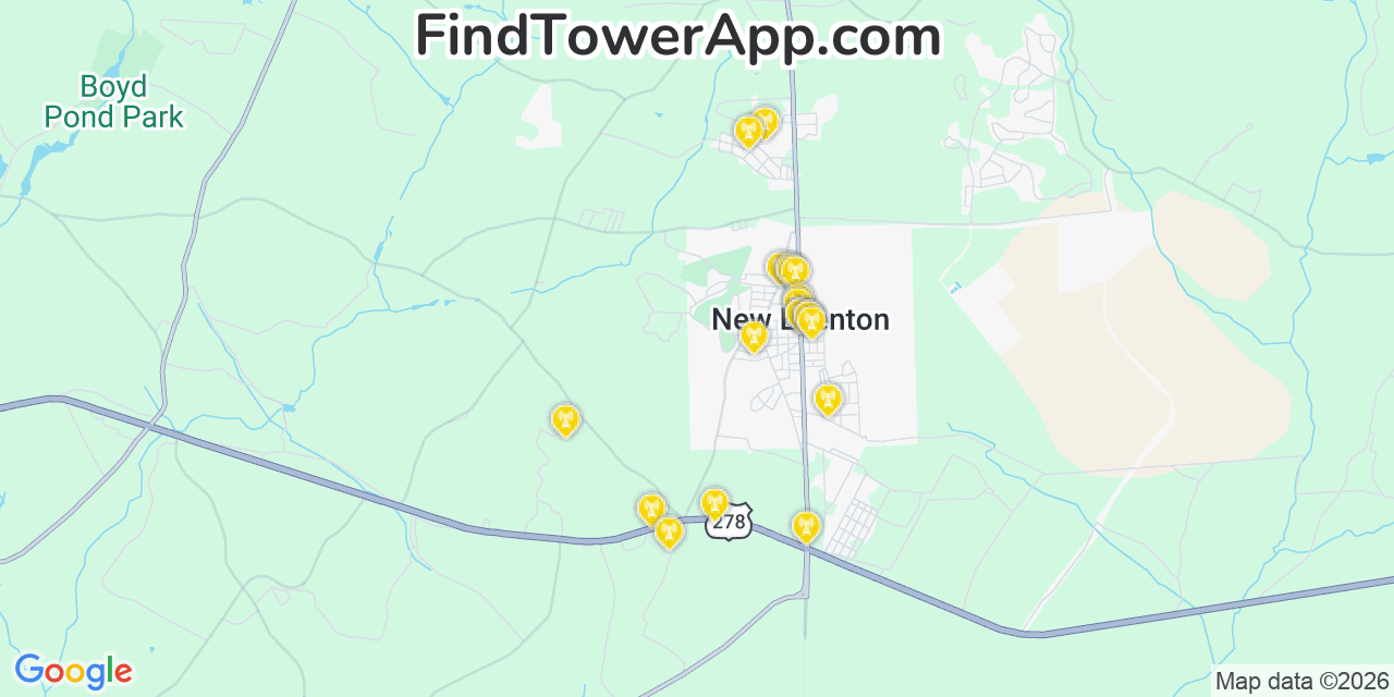 Map showing the 20 primary cell tower locations detected in New Ellenton, South Carolina from AT&T, Verizon, and T-Mobile networks