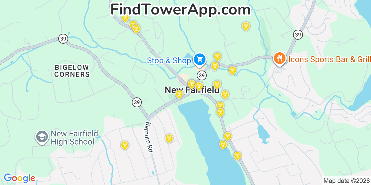 Map showing the 20 primary cell tower locations detected in New Fairfield, Connecticut from AT&T, Verizon, and T-Mobile networks