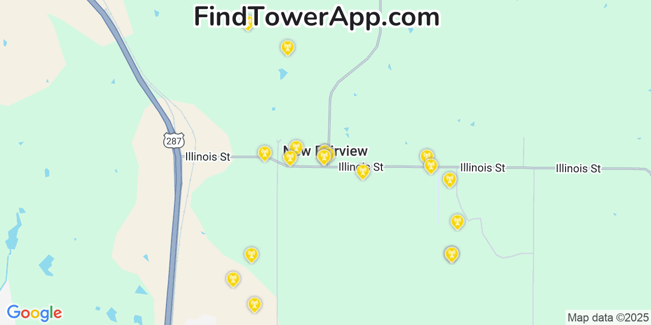 Map showing the 20 primary cell tower locations detected in New Fairview, Texas from AT&T, Verizon, and T-Mobile networks