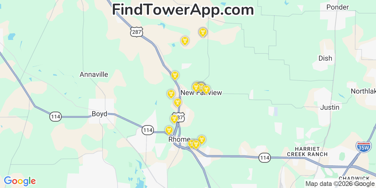 Map showing the 20 primary cell tower locations detected in New Fairview, Texas from AT&T, Verizon, and T-Mobile networks