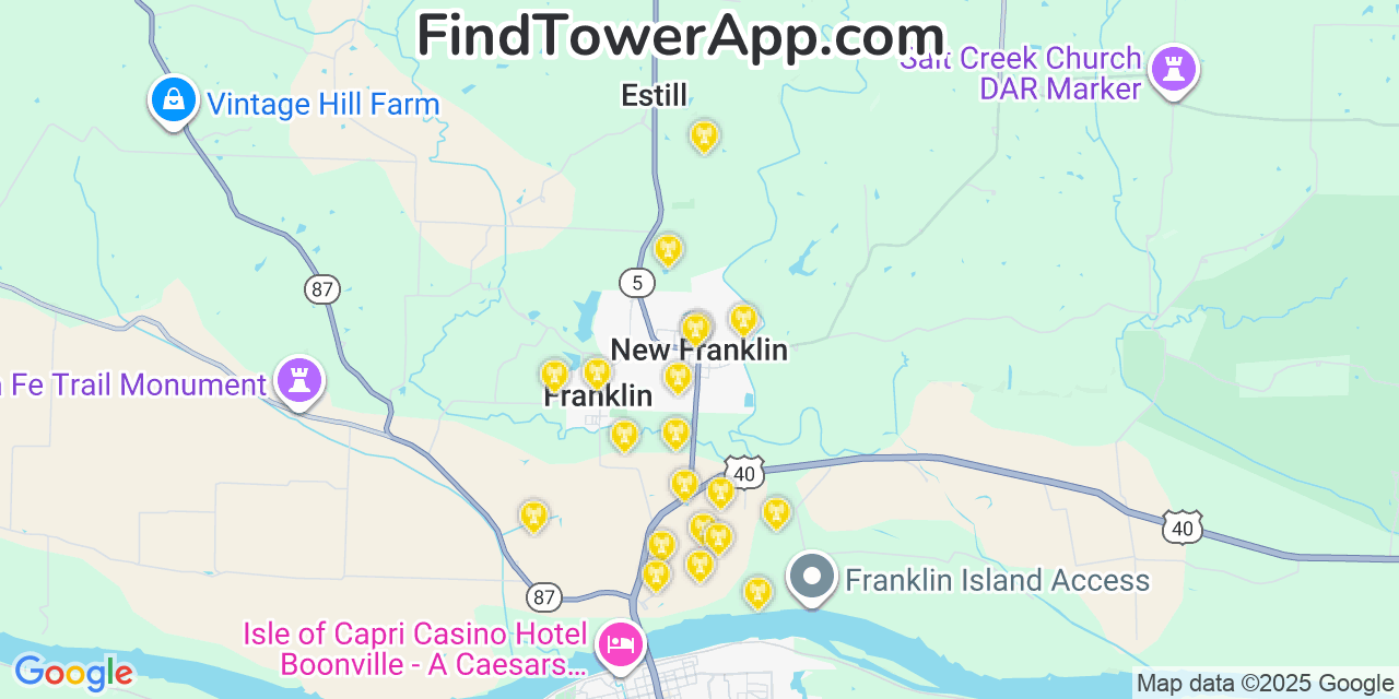 Map showing the 20 primary cell tower locations detected in New Franklin, Missouri from AT&T, Verizon, and T-Mobile networks