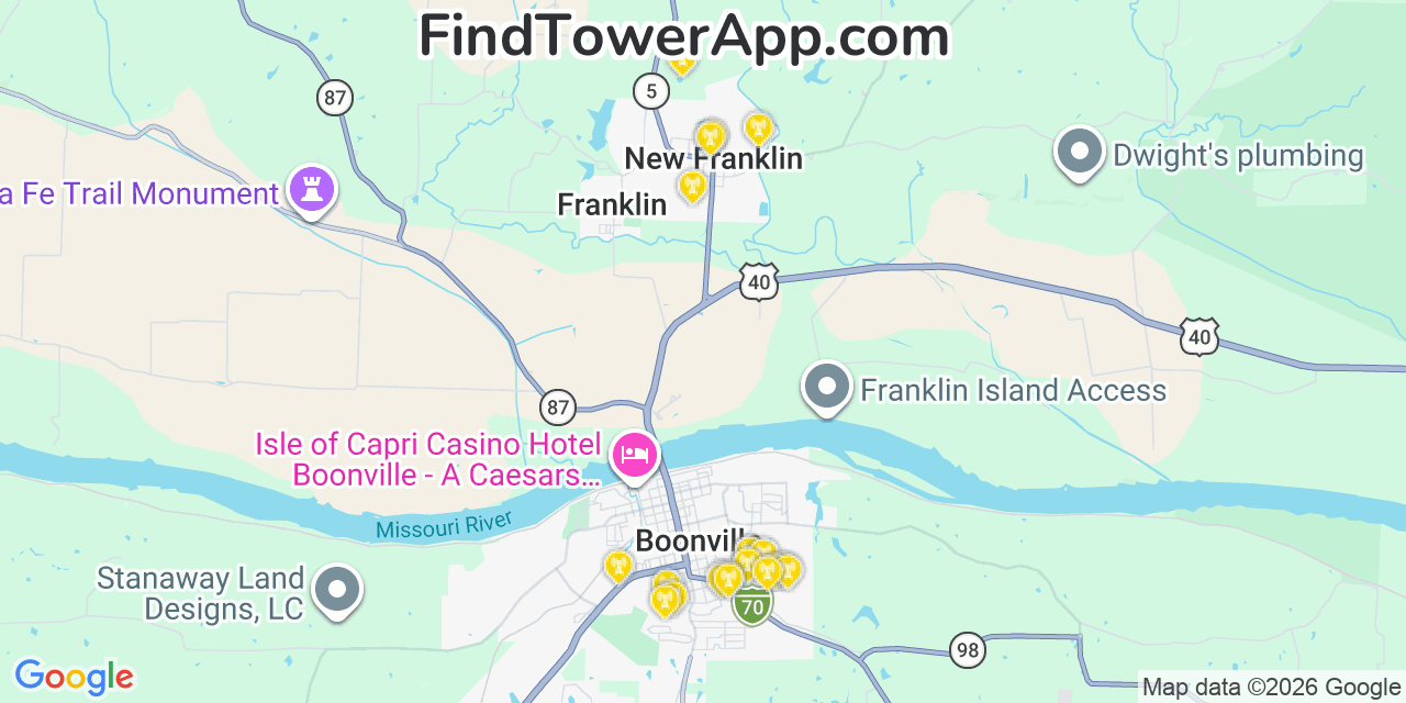 Map showing the 20 primary cell tower locations detected in New Franklin, Missouri from AT&T, Verizon, and T-Mobile networks