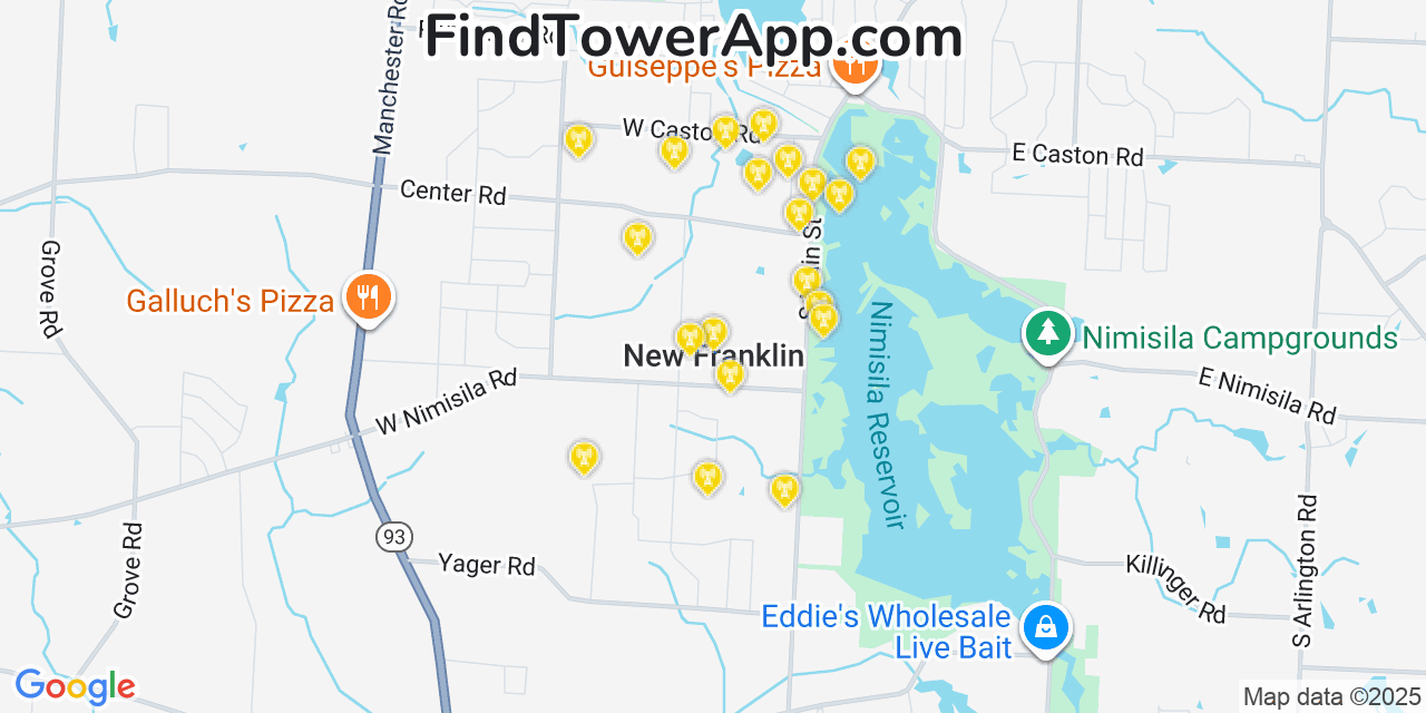 Map showing the 20 primary cell tower locations detected in New Franklin, Ohio from AT&T, Verizon, and T-Mobile networks
