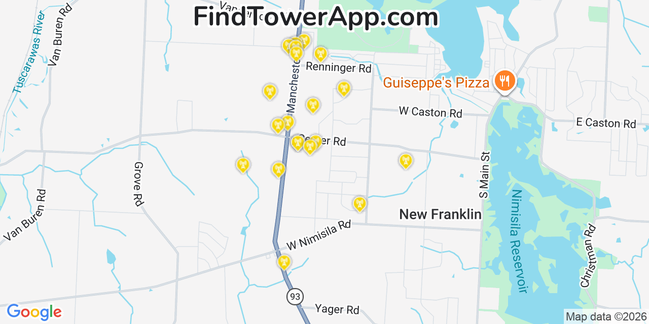 Map showing the 20 primary cell tower locations detected in New Franklin, Ohio from AT&T, Verizon, and T-Mobile networks