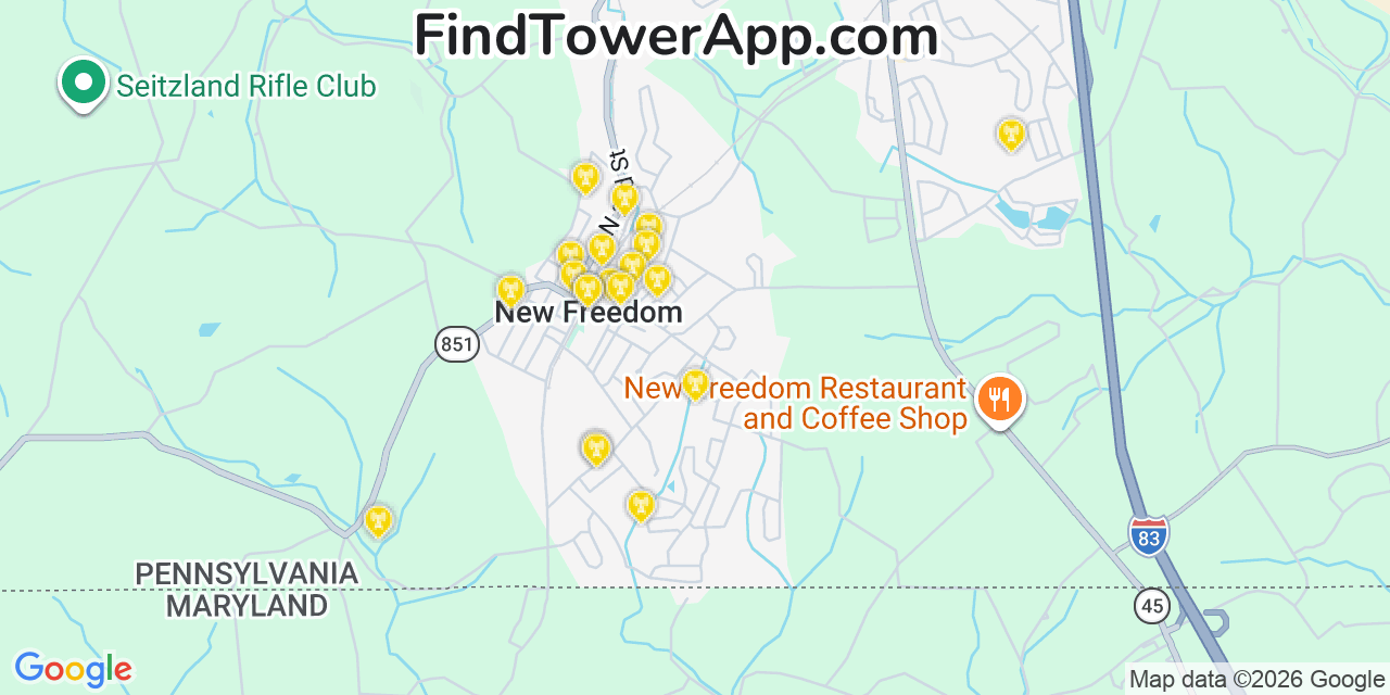 Map showing the 20 primary cell tower locations detected in New Freedom, Pennsylvania from AT&T, Verizon, and T-Mobile networks