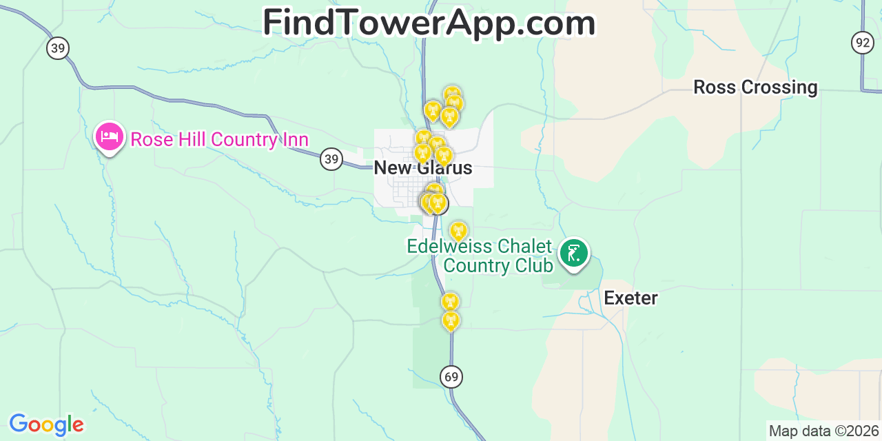 Map showing the 20 primary cell tower locations detected in New Glarus, Wisconsin from AT&T, Verizon, and T-Mobile networks