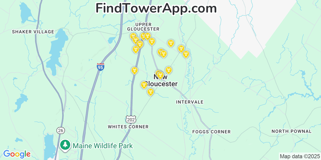 Map showing the 20 primary cell tower locations detected in New Gloucester, Maine from AT&T, Verizon, and T-Mobile networks