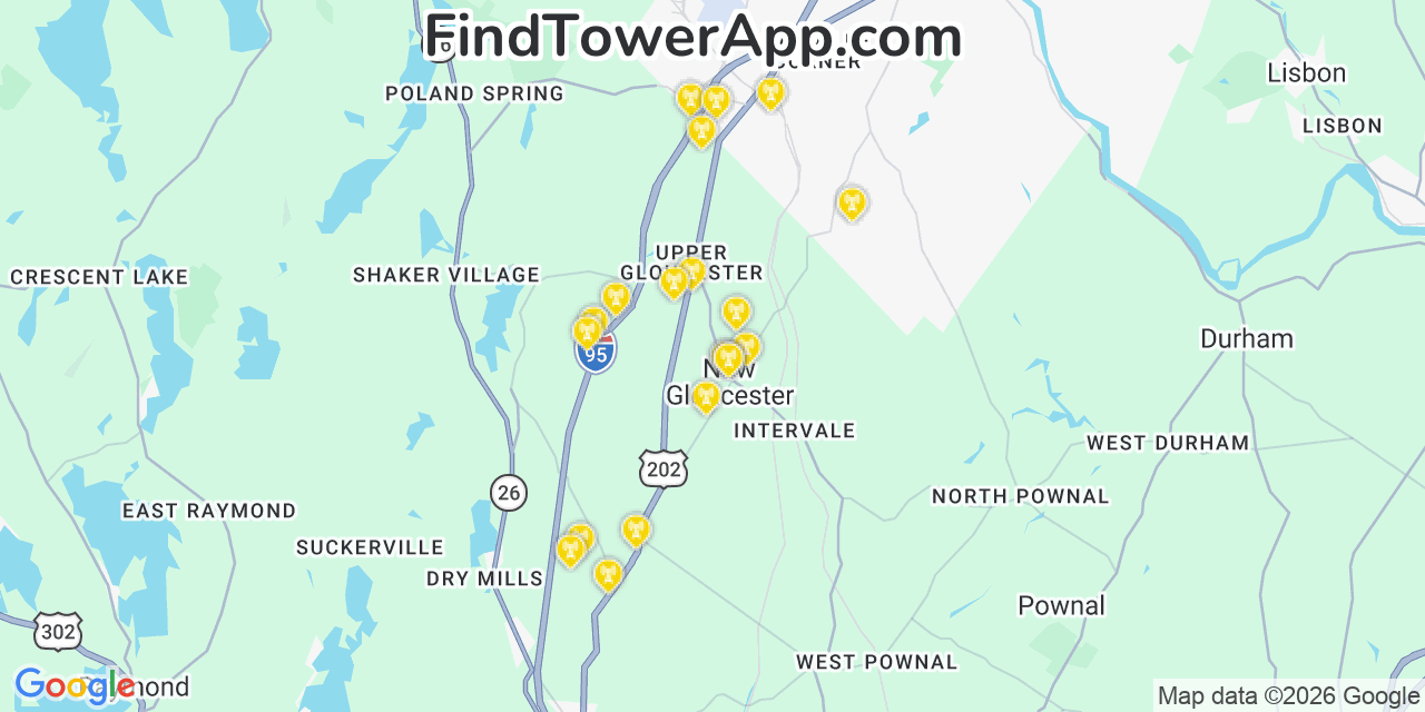 Map showing the 20 primary cell tower locations detected in New Gloucester, Maine from AT&T, Verizon, and T-Mobile networks