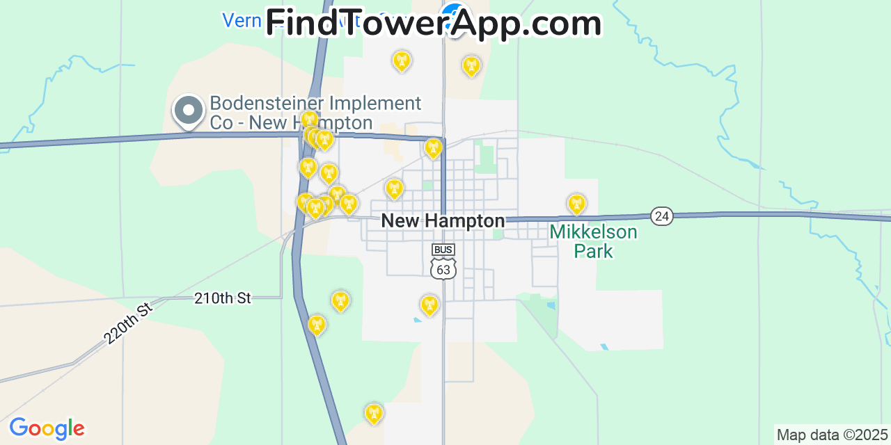 Map showing the 20 primary cell tower locations detected in New Hampton, Iowa from AT&T, Verizon, and T-Mobile networks