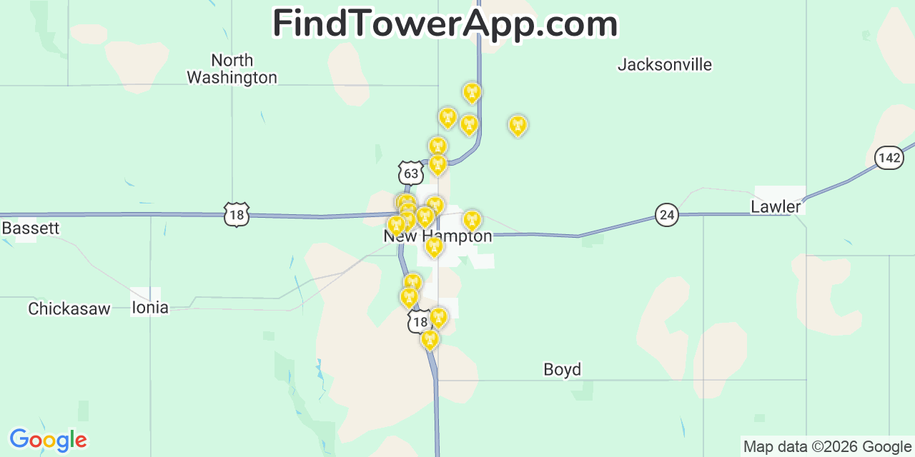 Map showing the 20 primary cell tower locations detected in New Hampton, Iowa from AT&T, Verizon, and T-Mobile networks