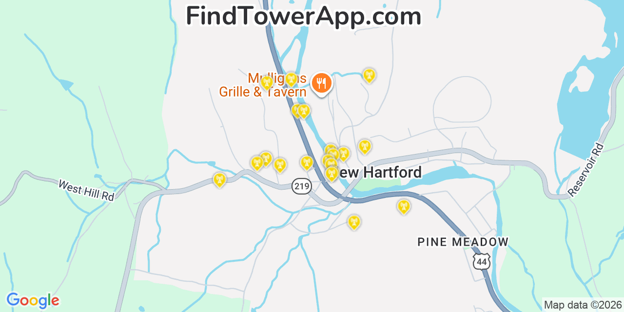 Map showing the 20 primary cell tower locations detected in New Hartford Center, Connecticut from AT&T, Verizon, and T-Mobile networks