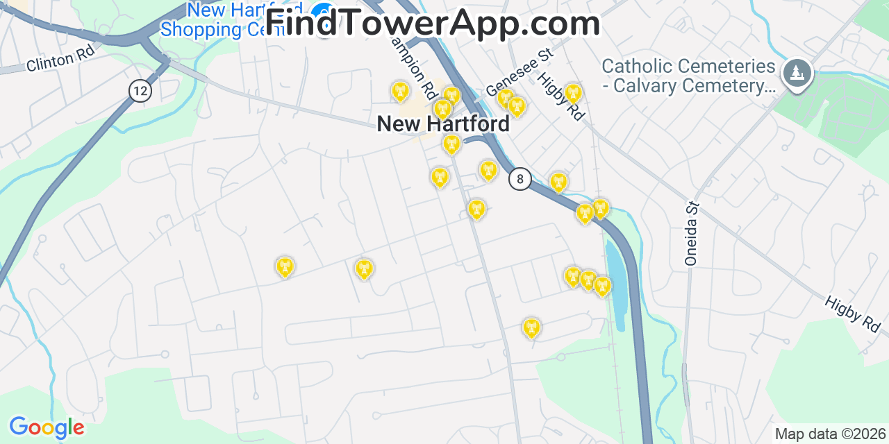 Map showing the 20 primary cell tower locations detected in New Hartford, New York from AT&T, Verizon, and T-Mobile networks