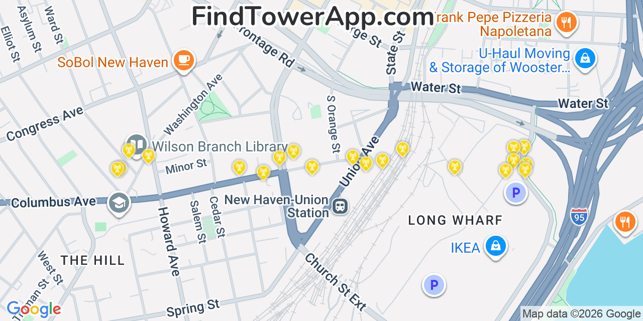 Map showing the 20 primary cell tower locations detected in New Haven, Connecticut from AT&T, Verizon, and T-Mobile networks