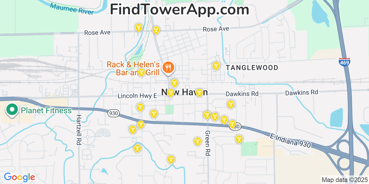 Map showing the 20 primary cell tower locations detected in New Haven, Indiana from AT&T, Verizon, and T-Mobile networks