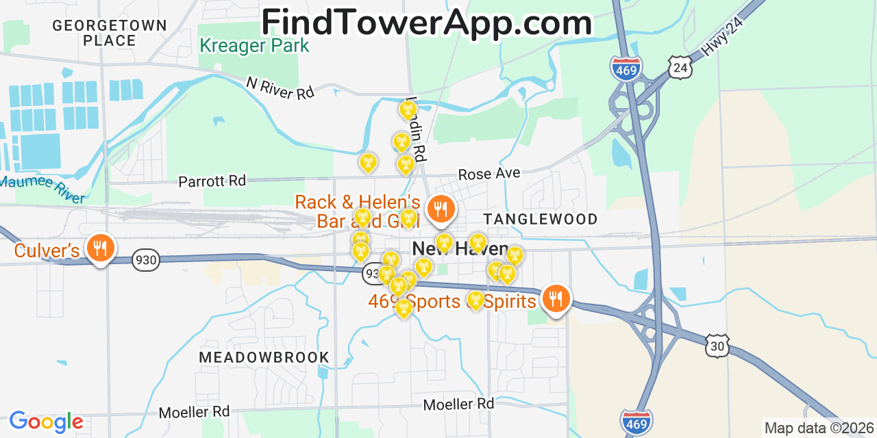 Map showing the 20 primary cell tower locations detected in New Haven, Indiana from AT&T, Verizon, and T-Mobile networks