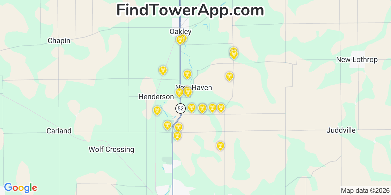 Map showing the 20 primary cell tower locations detected in New Haven, Michigan from AT&T, Verizon, and T-Mobile networks