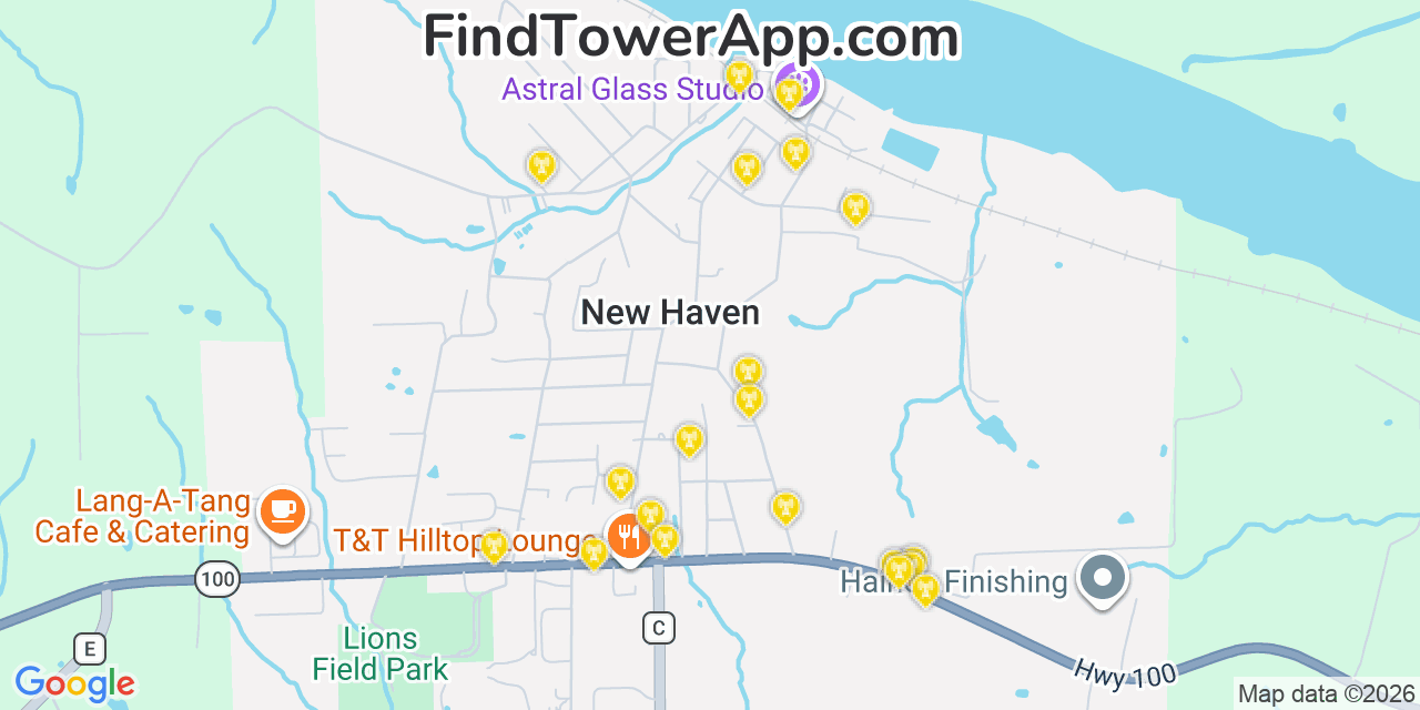 Map showing the 20 primary cell tower locations detected in New Haven, Missouri from AT&T, Verizon, and T-Mobile networks