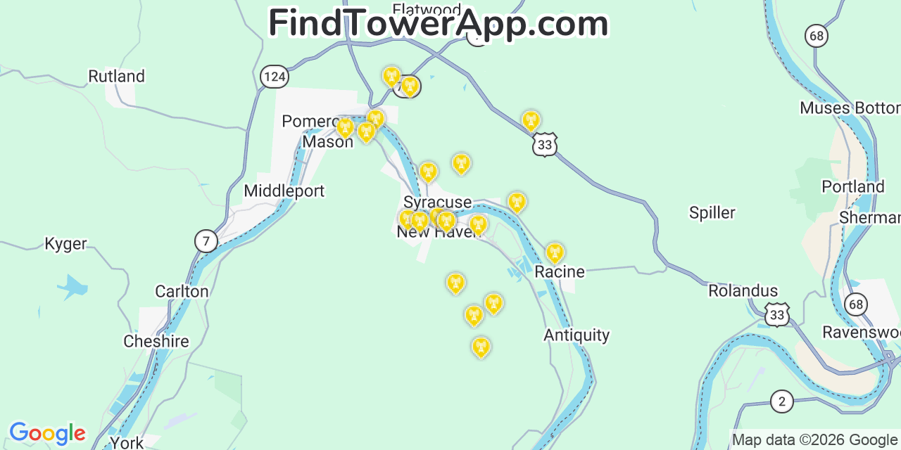 Map showing the 20 primary cell tower locations detected in New Haven, West Virginia from AT&T, Verizon, and T-Mobile networks
