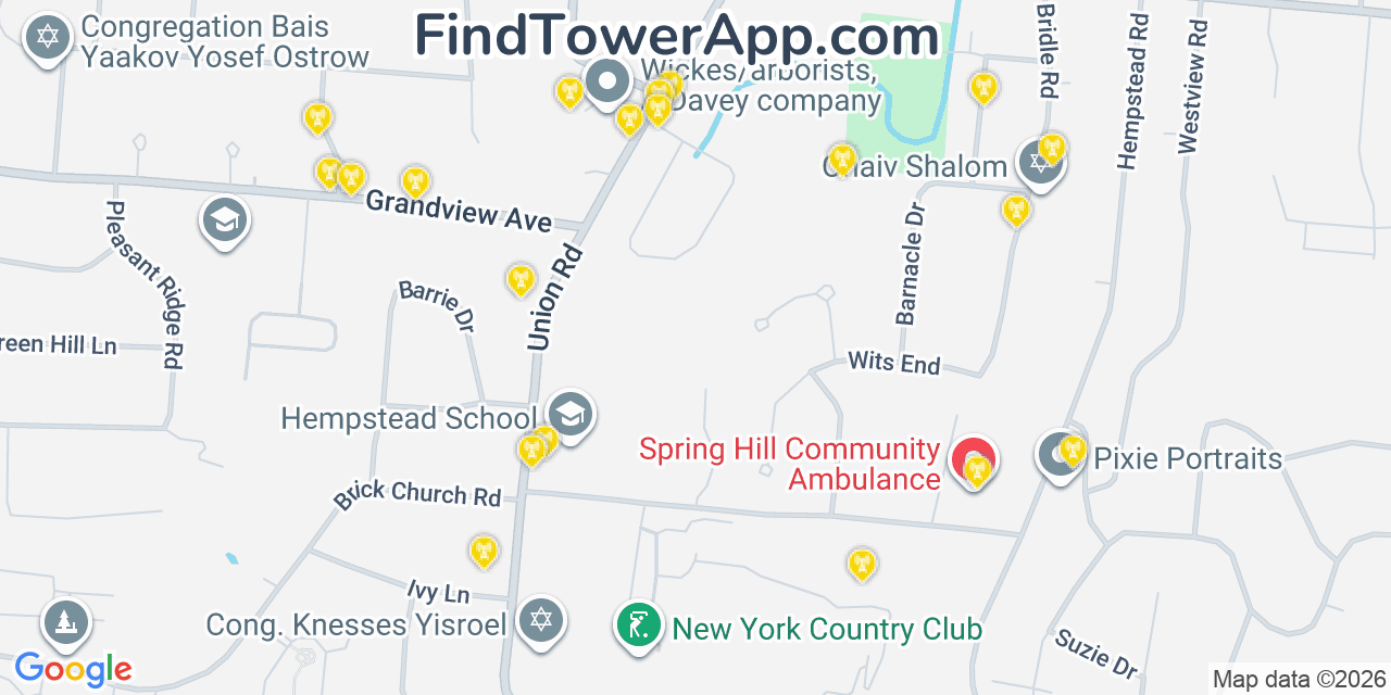 Map showing the 20 primary cell tower locations detected in New Hempstead, New York from AT&T, Verizon, and T-Mobile networks