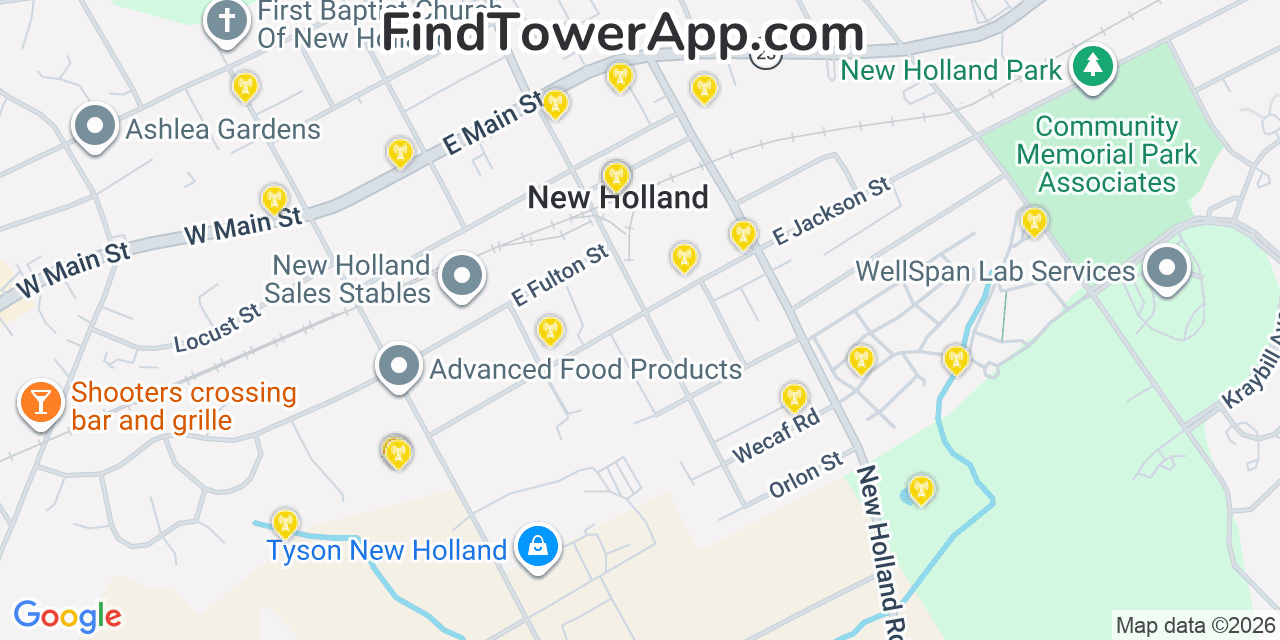 Map showing the 20 primary cell tower locations detected in New Holland, Pennsylvania from AT&T, Verizon, and T-Mobile networks