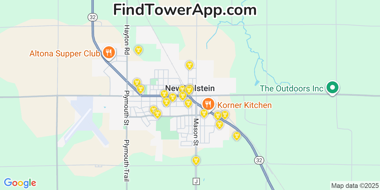 Map showing the 20 primary cell tower locations detected in New Holstein, Wisconsin from AT&T, Verizon, and T-Mobile networks