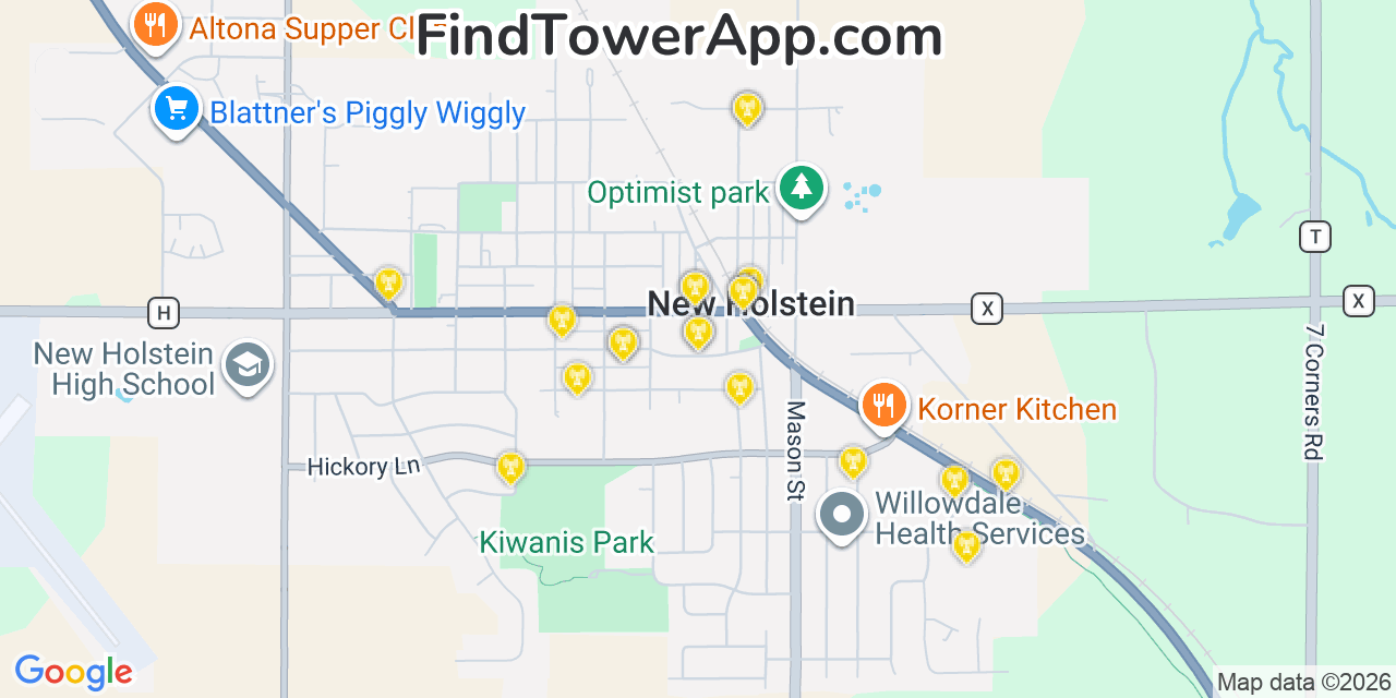 Map showing the 20 primary cell tower locations detected in New Holstein, Wisconsin from AT&T, Verizon, and T-Mobile networks
