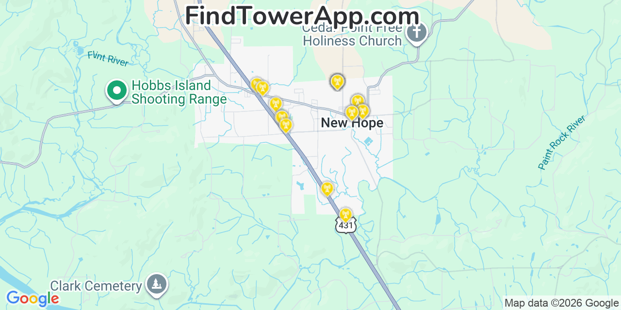 Map showing the 20 primary cell tower locations detected in New Hope, Alabama from AT&T, Verizon, and T-Mobile networks
