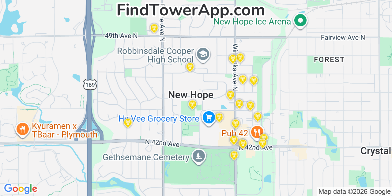 Map showing the 20 primary cell tower locations detected in New Hope, Minnesota from AT&T, Verizon, and T-Mobile networks