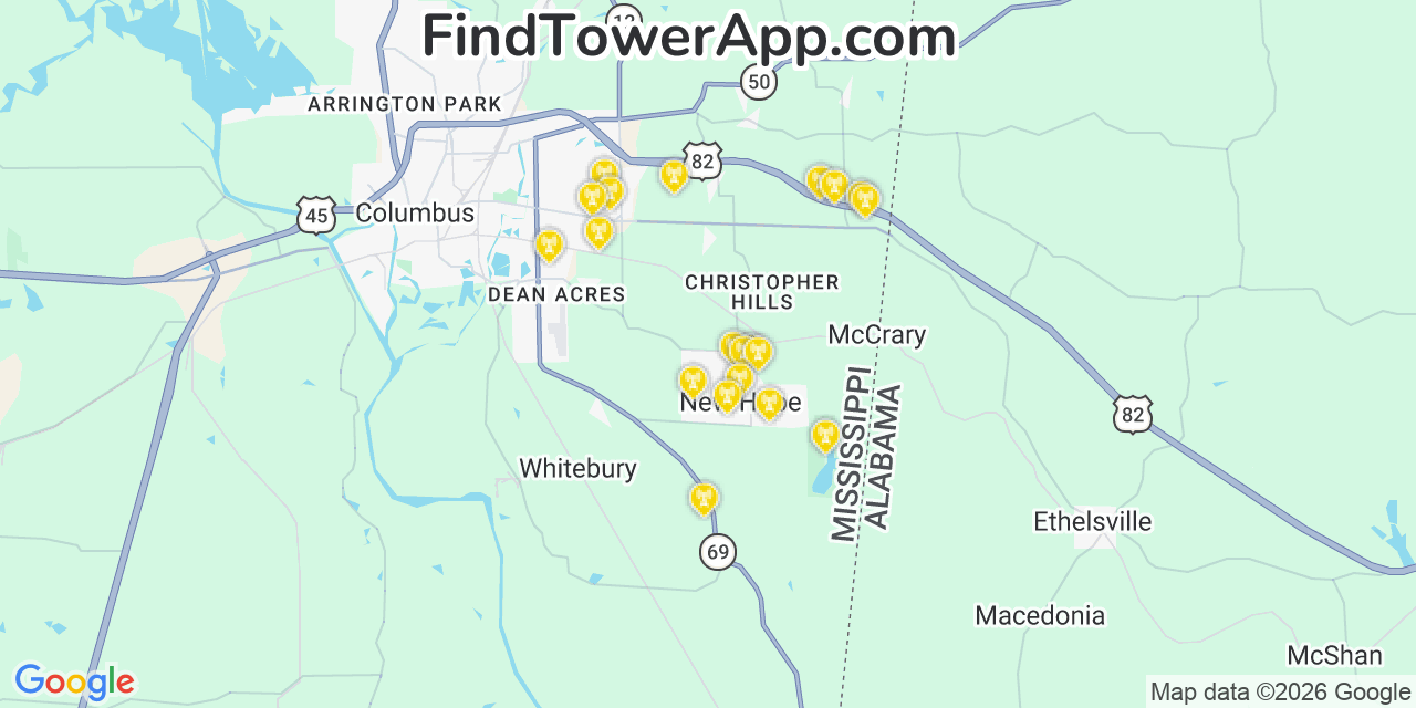 Map showing the 20 primary cell tower locations detected in New Hope, Mississippi from AT&T, Verizon, and T-Mobile networks