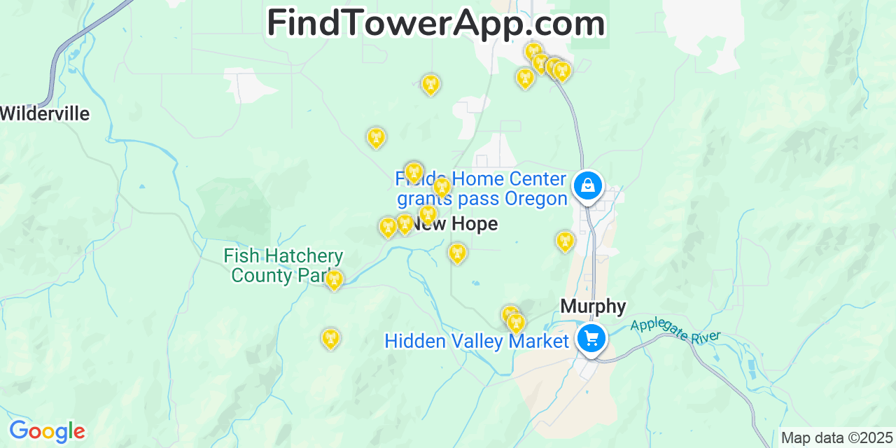 Map showing the 20 primary cell tower locations detected in New Hope, Oregon from AT&T, Verizon, and T-Mobile networks