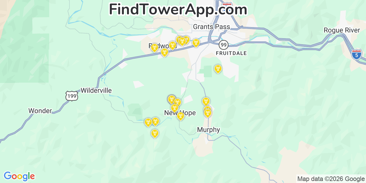 Map showing the 20 primary cell tower locations detected in New Hope, Oregon from AT&T, Verizon, and T-Mobile networks