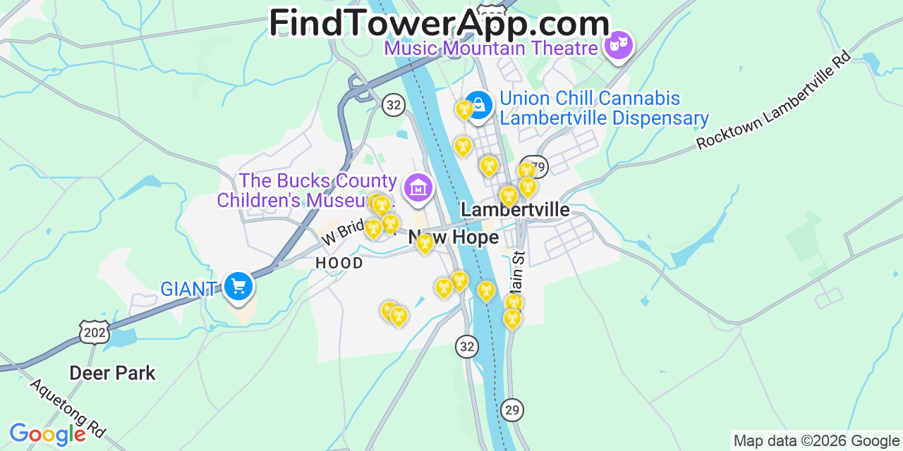 Map showing the 20 primary cell tower locations detected in New Hope, Pennsylvania from AT&T, Verizon, and T-Mobile networks