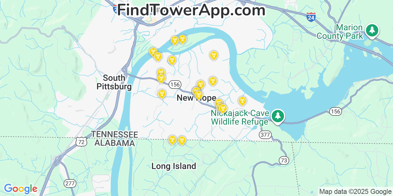 Map showing the 20 primary cell tower locations detected in New Hope, Tennessee from AT&T, Verizon, and T-Mobile networks
